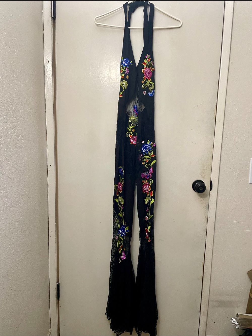 Dolls Kill Club Exx Black Halter Jumpsuit Floral Embroidery size small NWT